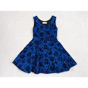 Beautees Girls' Blue Black Flowers Sleeveless Fit & Flare Dress Size 7